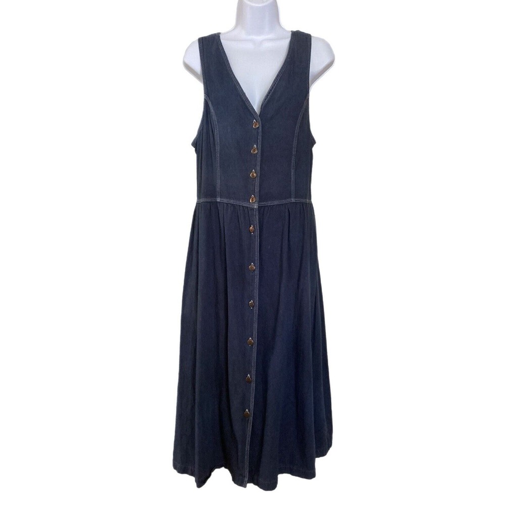 Vintage 90s Dark Indigo Cotton Minimalist Denim Pinafore Overall Style Dress S/M